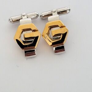 Vintage Givenchy 1977 Two Tone G Logo Hexagon Cufflinks Gold Silver Mens Jewelry